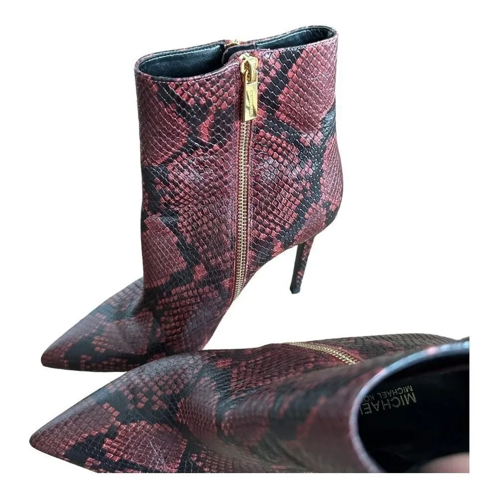 Michael Kors Womens Keke Maroon Snakeskin Pointed Stiletto Ankle Boots Shoes 8.5